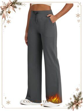 Thermal Fleece Lined Wide Leg Sweatpants High Rise Yoga Pants with Pockets